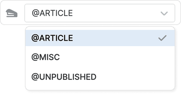 The preprint entry-type selector open on @ARTICLE (ticked), above @MISC and @UNPUBLISHED.